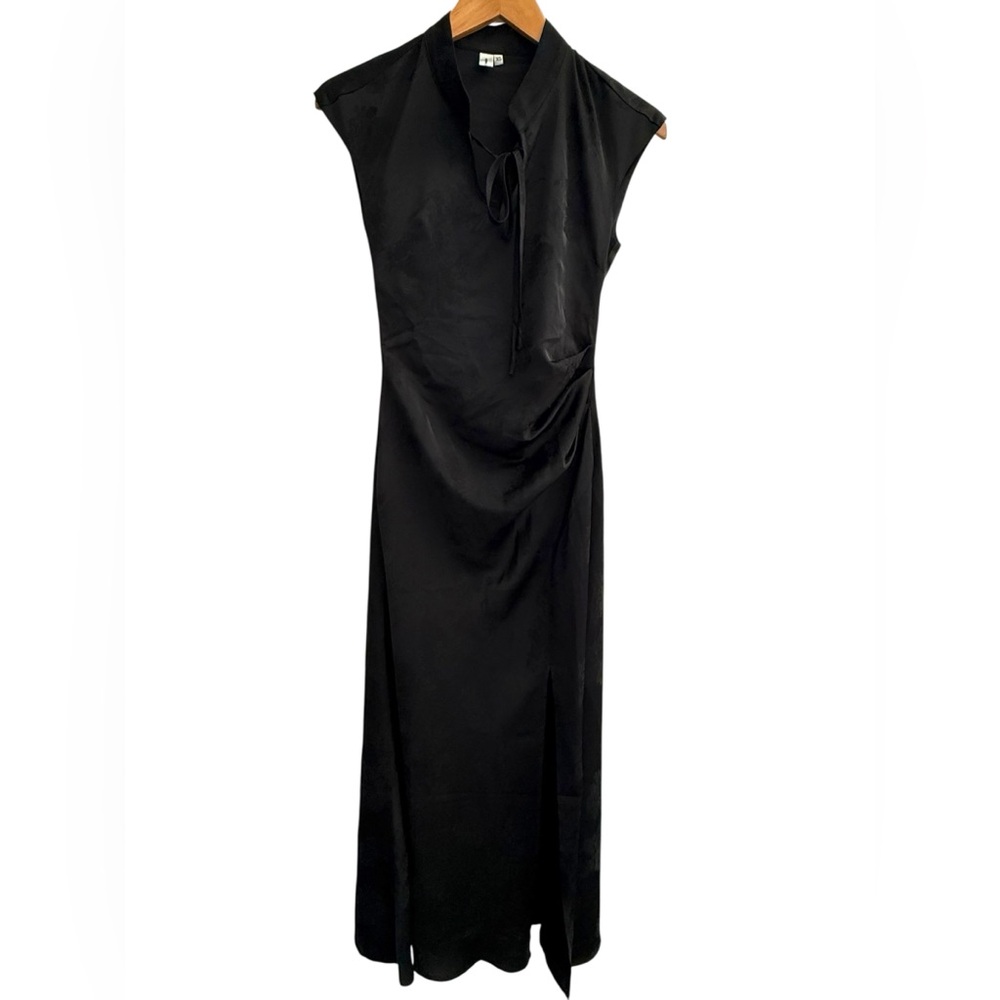 LULUSWINGS Black Satin Jacquard Tie-Neck Maxi Dress XS